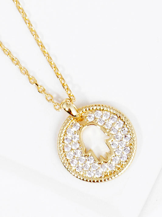 18K Gold Dipped CZ Pave Round Hamsa Pendant Necklace