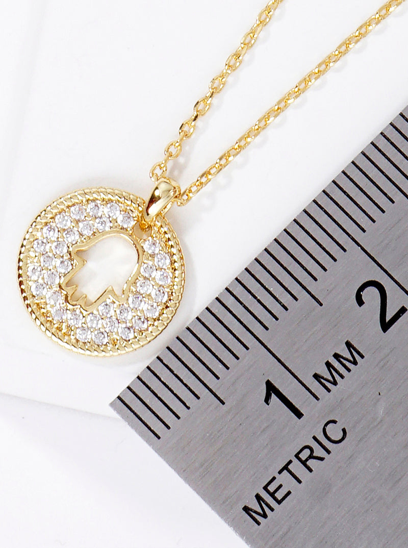 18K Gold Dipped CZ Pave Round Hamsa Pendant Necklace
