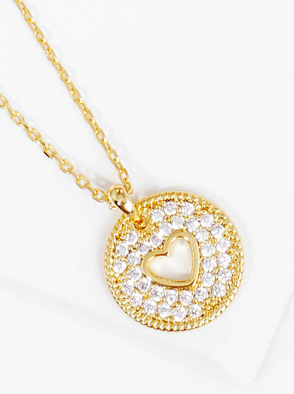 18K Gold Dipped CZ Pave Round Heart Pendant Necklace