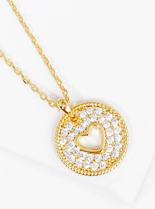 18K Gold Dipped CZ Pave Round Heart Pendant Necklace