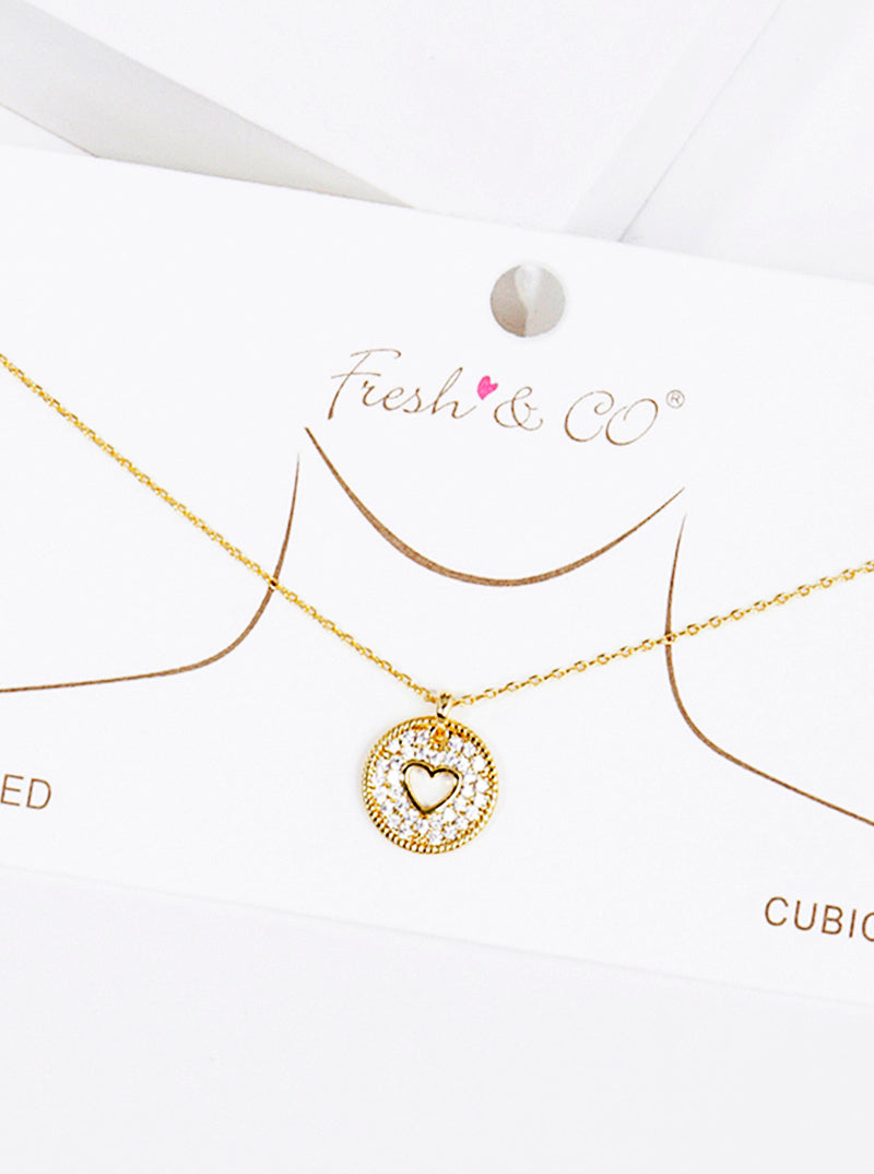18K Gold Dipped CZ Pave Round Heart Pendant Necklace