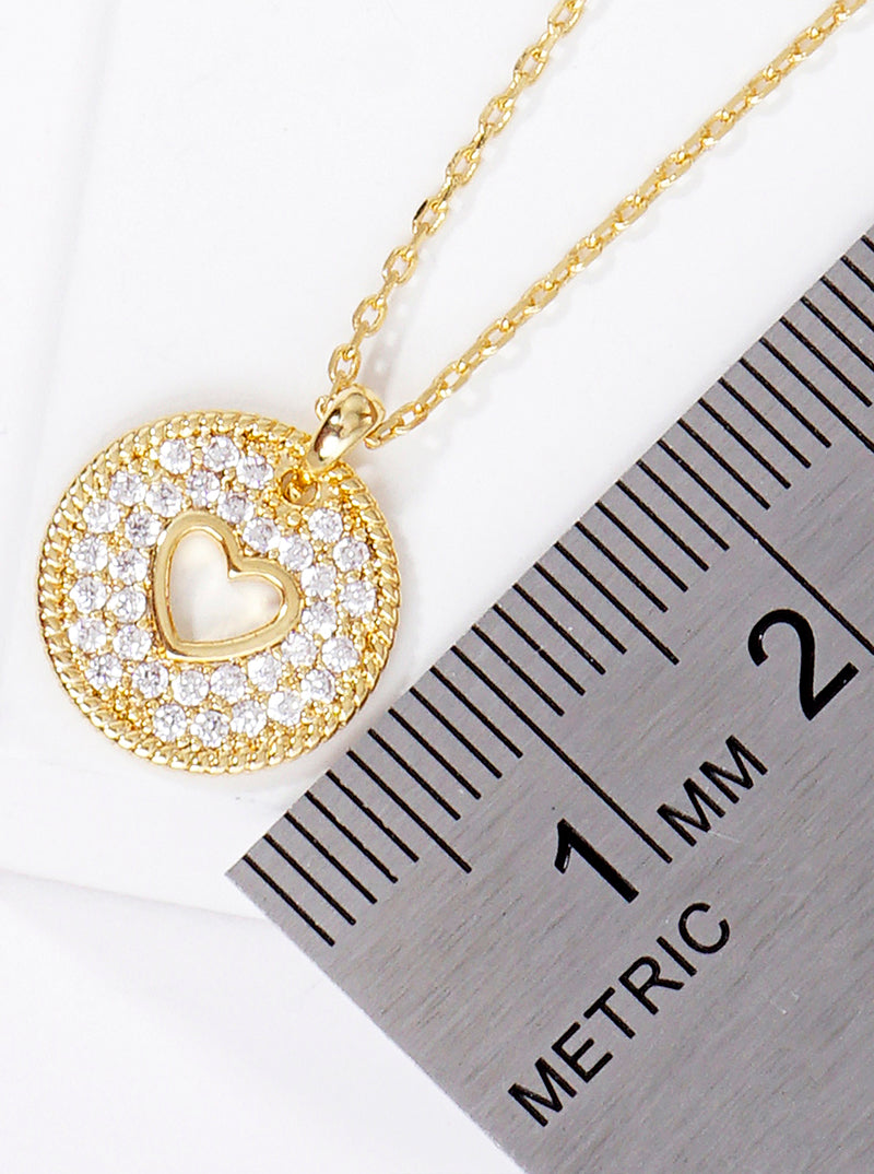 18K Gold Dipped CZ Pave Round Heart Pendant Necklace