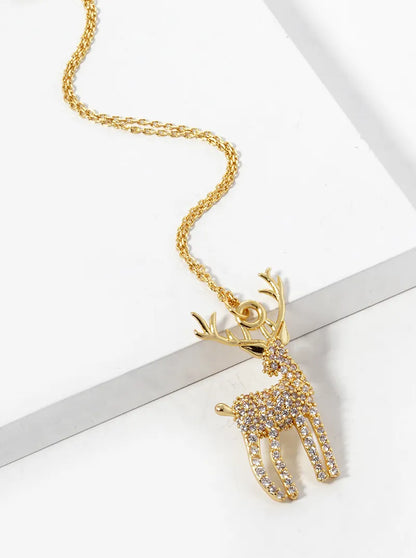 18K Gold Dipped CZ Pave Rudolph Pendant Christmas Necklace