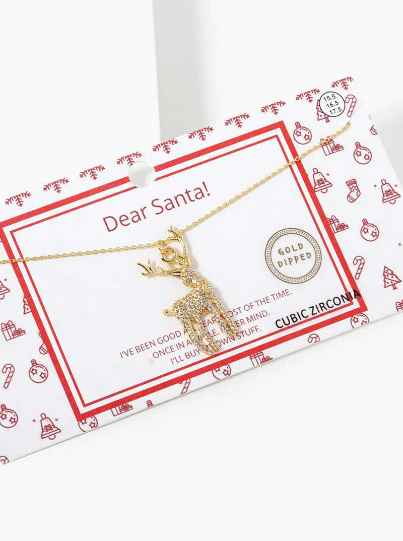 18K Gold Dipped CZ Pave Rudolph Pendant Christmas Necklace