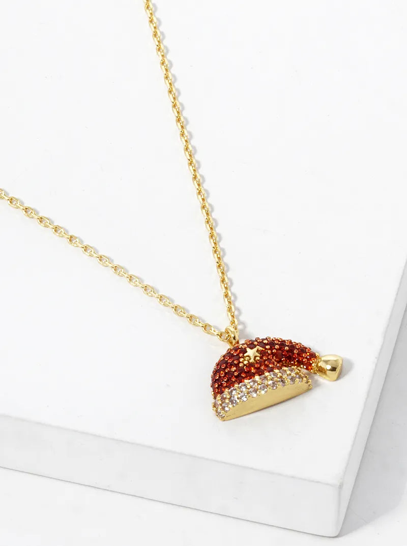 18K Gold Dipped CZ Pave Santa Claus Christmas Hat Pendant Necklace