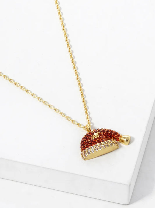 18K Gold Dipped CZ Pave Santa Claus Christmas Hat Pendant Necklace