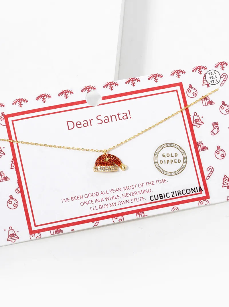 18K Gold Dipped CZ Pave Santa Claus Christmas Hat Pendant Necklace