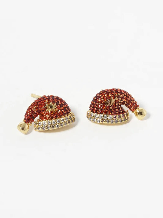 18K Gold Dipped CZ Pave Santa Claus Christmas Hat Stud Earrings