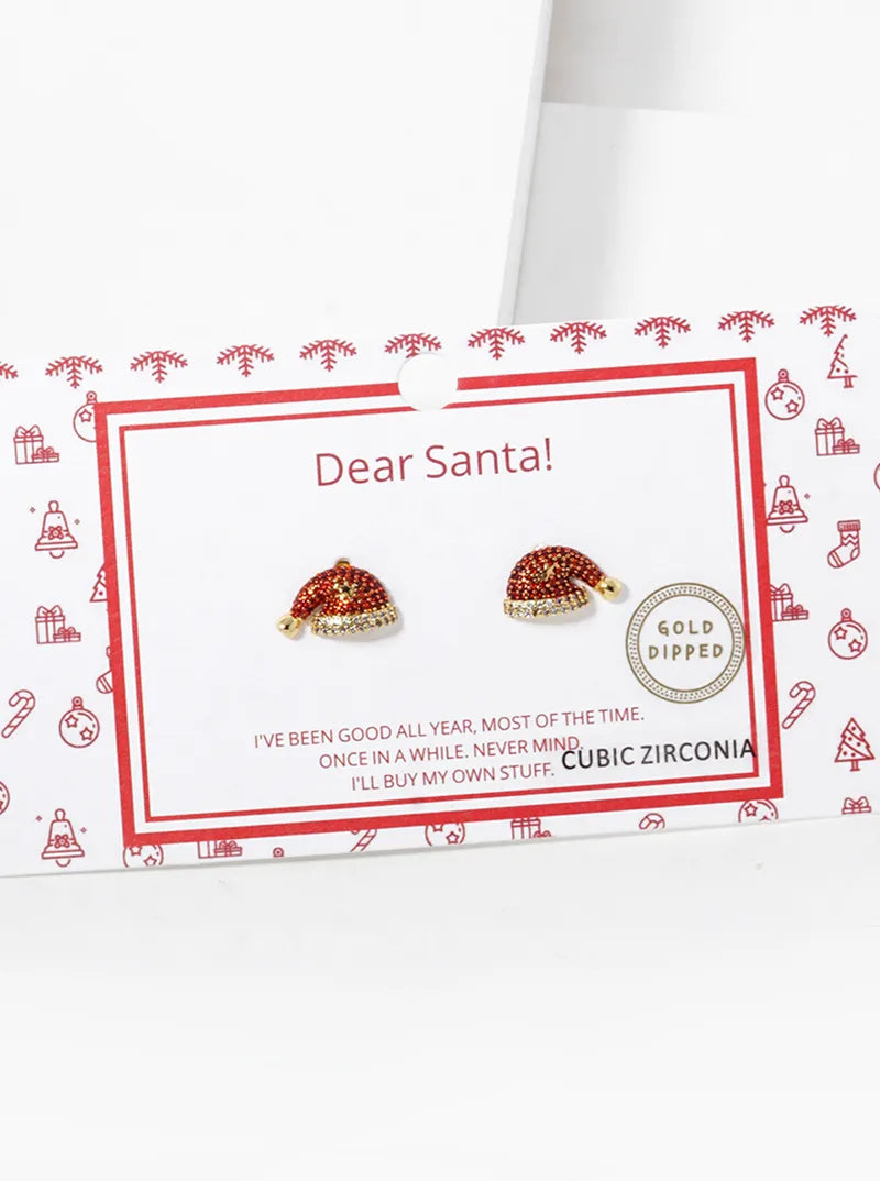 18K Gold Dipped CZ Pave Santa Claus Christmas Hat Stud Earrings