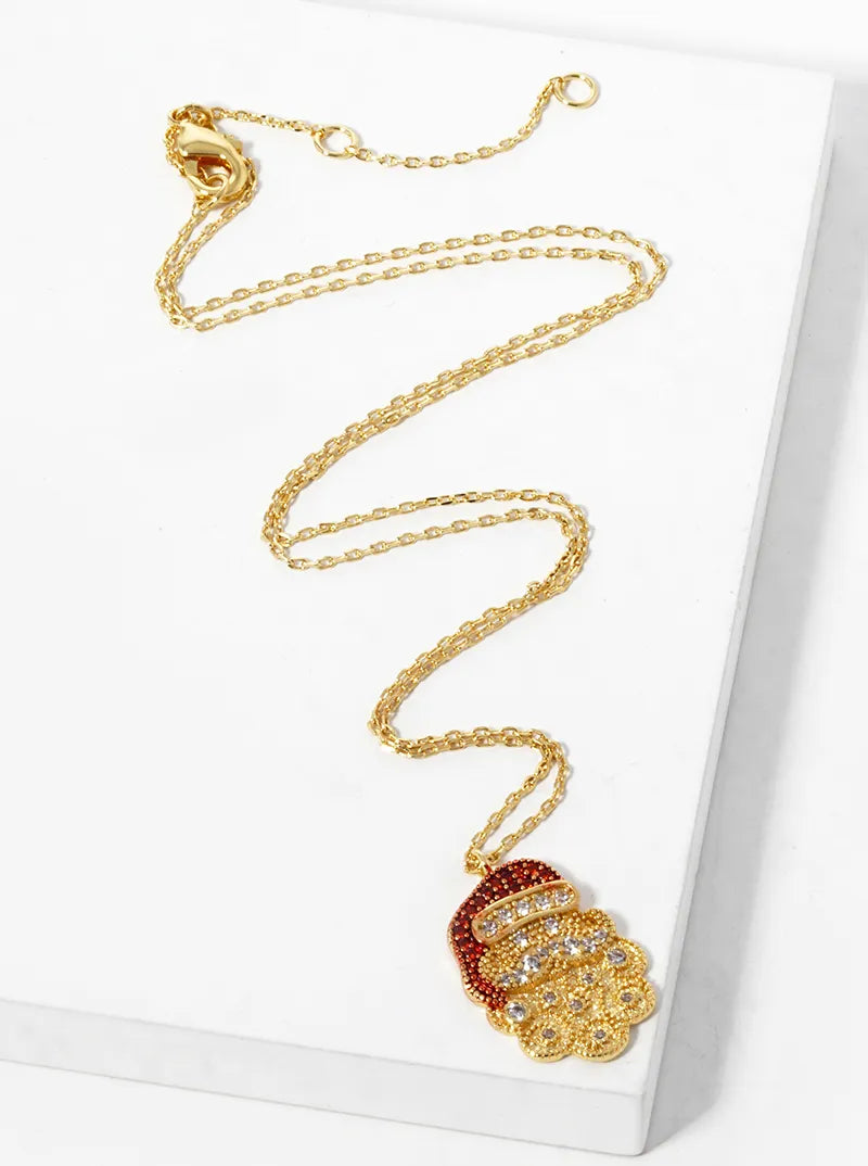 18K Gold Dipped CZ Pave Santa Claus Pendant Christmas Necklace