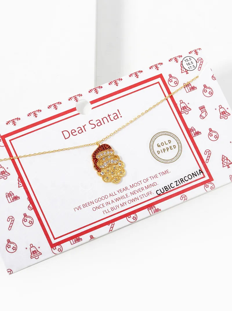 18K Gold Dipped CZ Pave Santa Claus Pendant Christmas Necklace