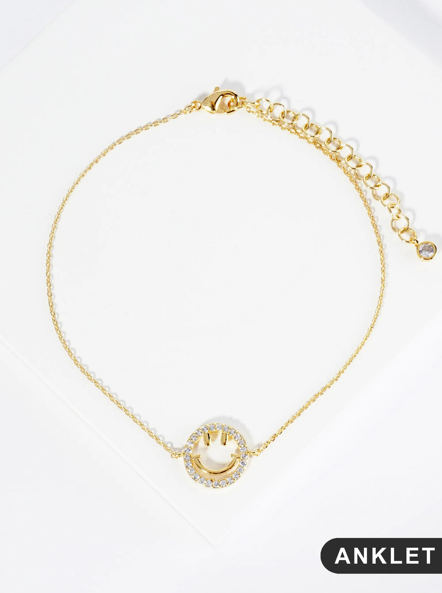 18K Gold Dipped CZ Pave Smiley Face Brass Chain Anklet