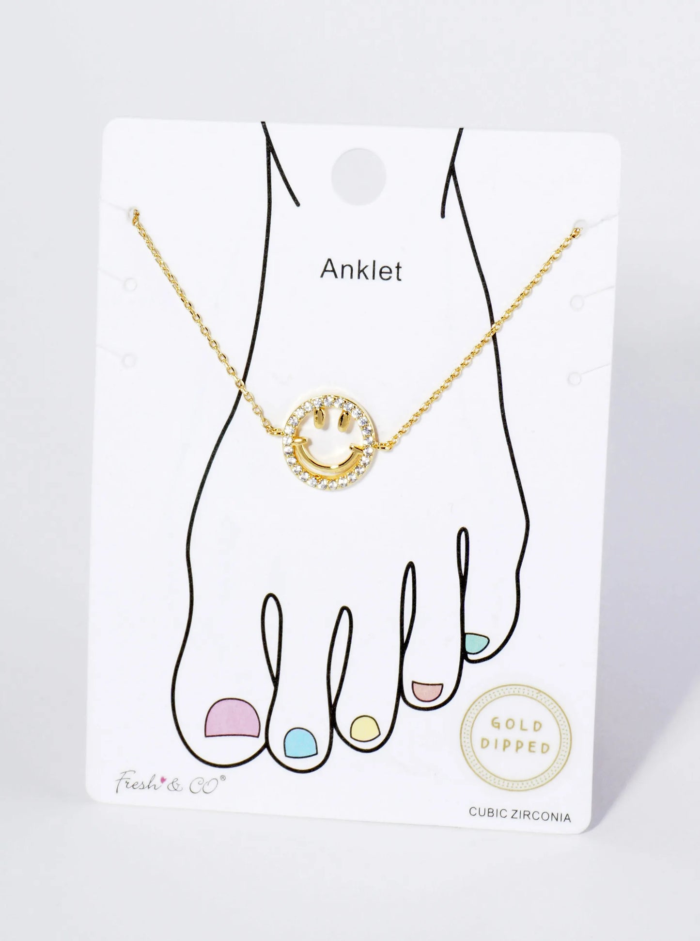 18K Gold Dipped CZ Pave Smiley Face Brass Chain Anklet