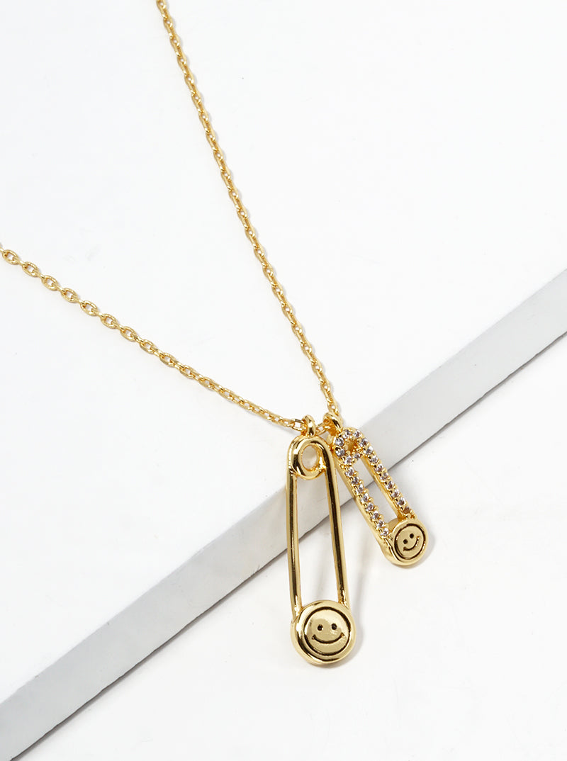 18K Gold Dipped CZ Pave Smiley Face Safety Pin Pendant Necklace