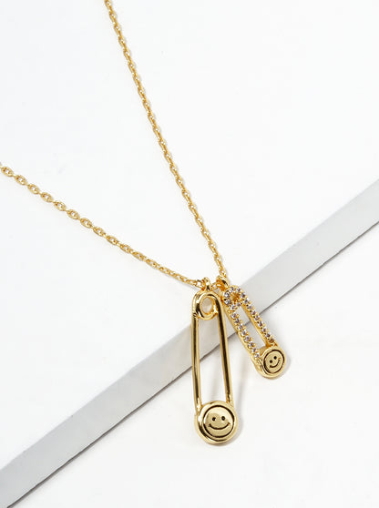 18K Gold Dipped CZ Pave Smiley Face Safety Pin Pendant Necklace