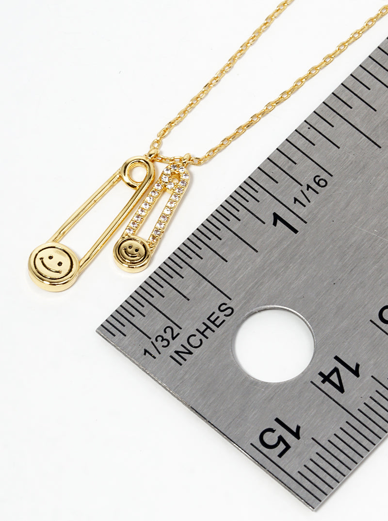 18K Gold Dipped CZ Pave Smiley Face Safety Pin Pendant Necklace