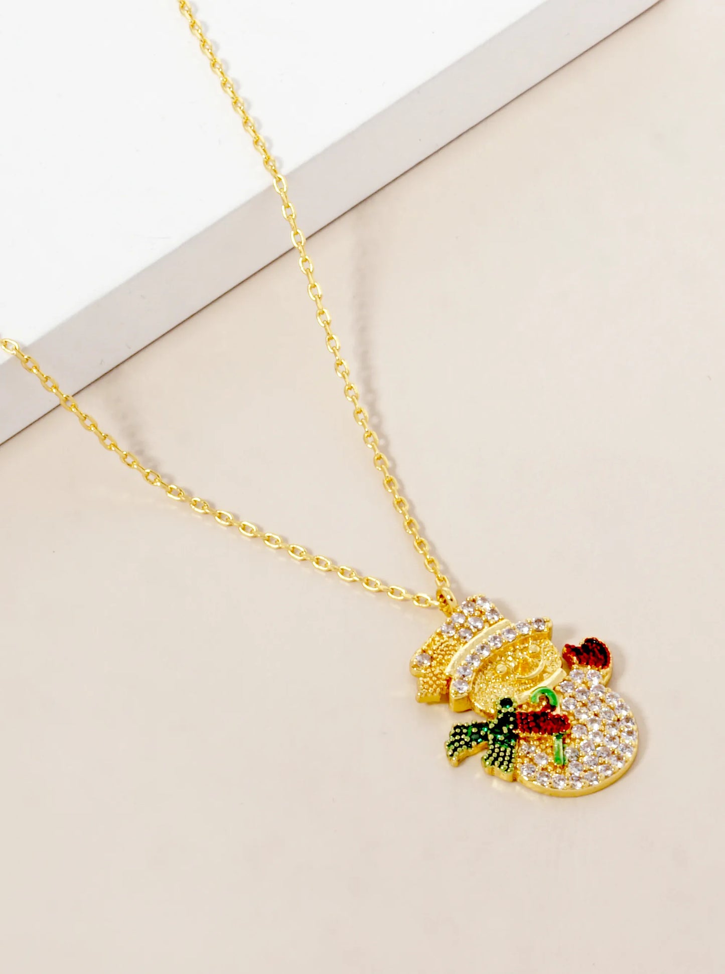 18K Gold Dipped CZ Pave Snowman Pendant Christmas Necklace