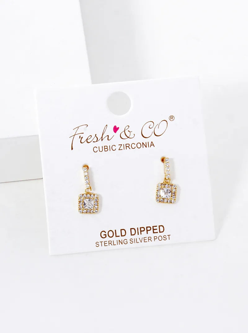 18K Gold Dipped CZ Pave Square Drop Dangle Post Earrings