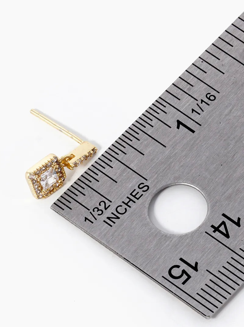 18K Gold Dipped CZ Pave Square Drop Dangle Post Earrings