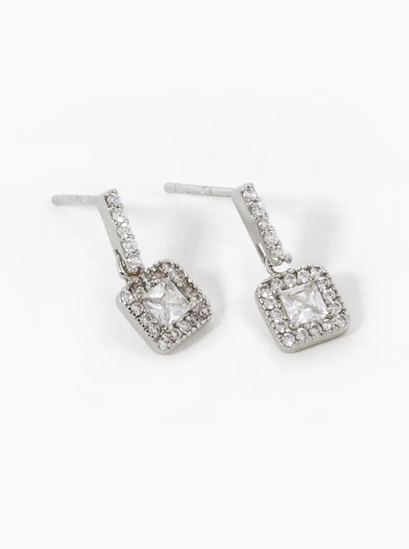 18K Gold Dipped CZ Pave Square Drop Dangle Post Earrings