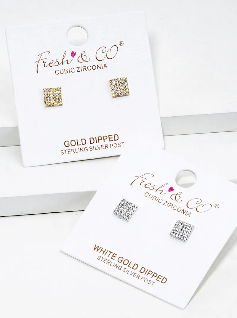 18K Gold Dipped CZ Pave Square Post Stud Earrings