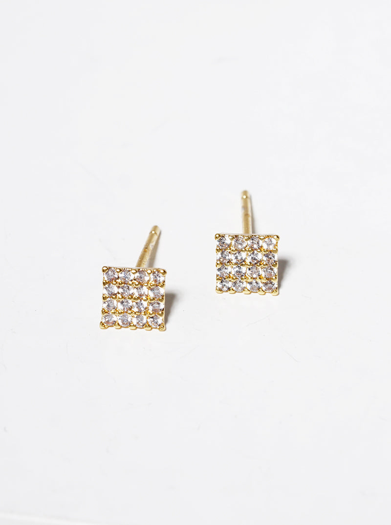 18K Gold Dipped CZ Pave Square Post Stud Earrings