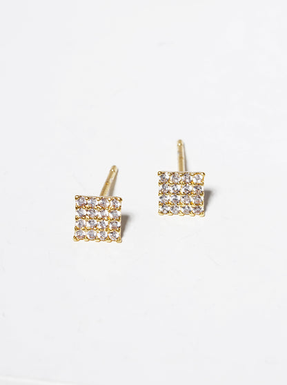 18K Gold Dipped CZ Pave Square Post Stud Earrings