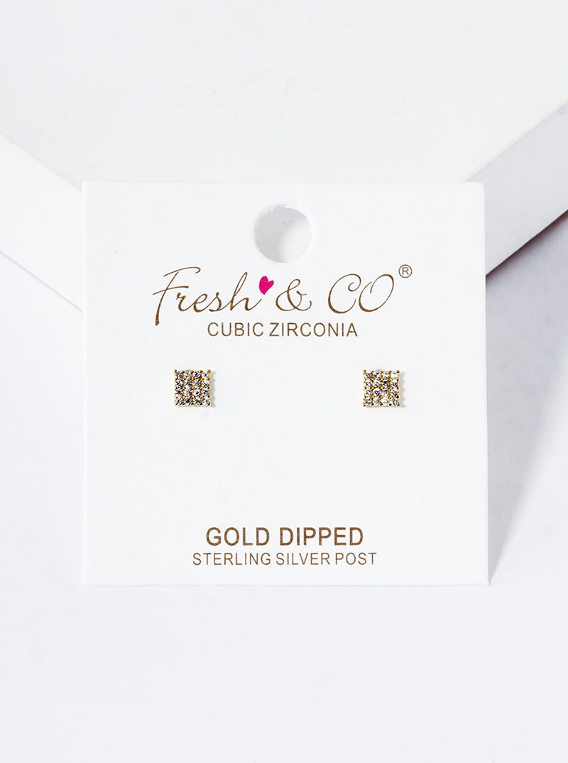 18K Gold Dipped CZ Pave Square Post Stud Earrings