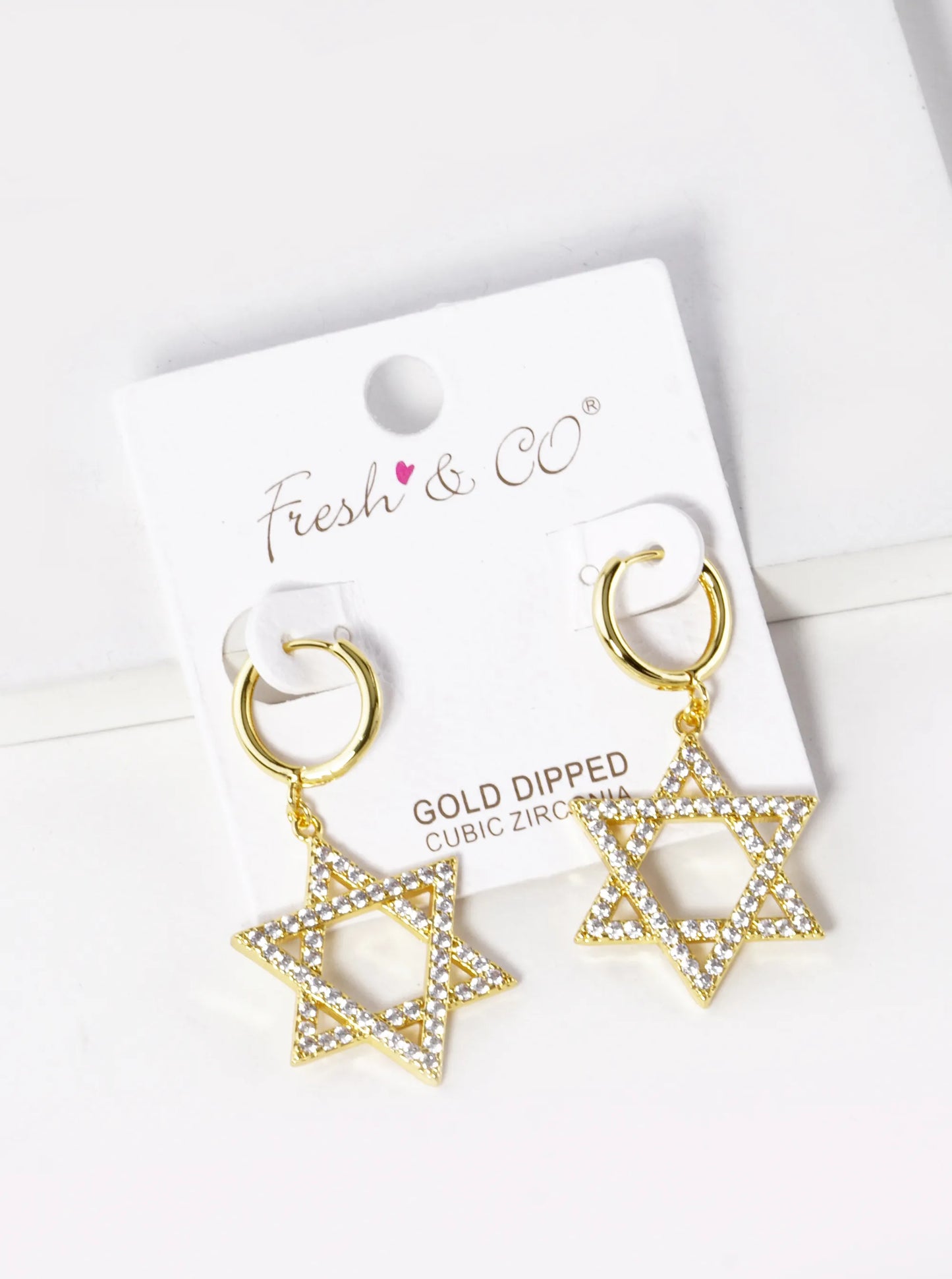 18K Gold Dipped CZ Pave Star Of David Drop 12mm Huggie Hoop Earrings