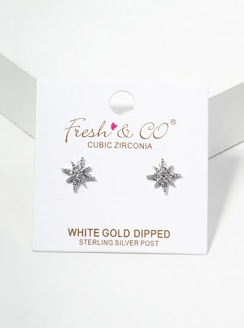 18K Gold Dipped CZ Pave Starburst Post Stud Earrings