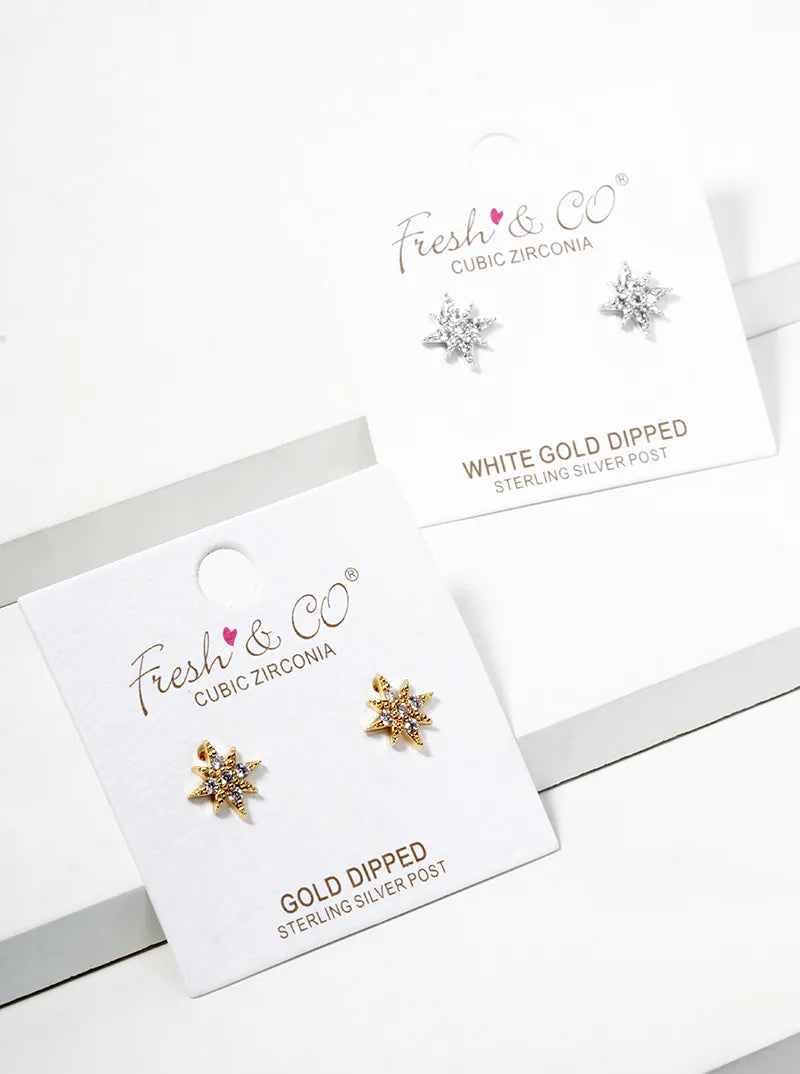 18K Gold Dipped CZ Pave Starburst Post Stud Earrings