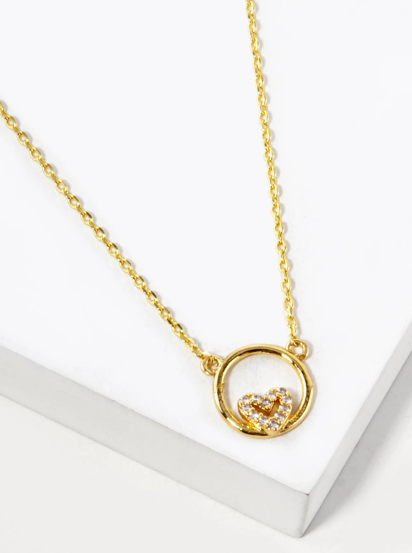 18K Gold Dipped CZ Pave Tiny Heart In A Circle Pendant Necklace