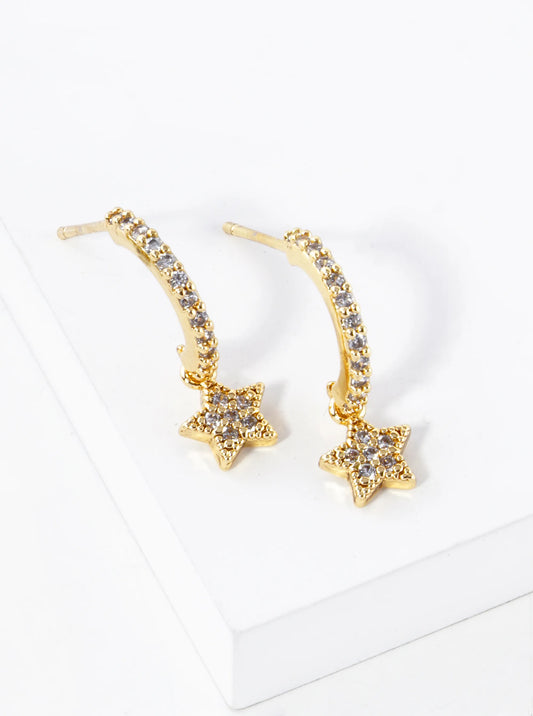 18K Gold Dipped CZ Pave Tiny Star Drop 12mm Open Huggie Hoop Earrings