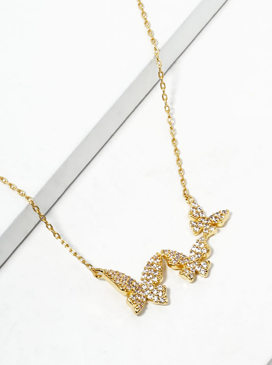 18K Gold Dipped CZ Pave Tri Butterfly Pendant Necklace