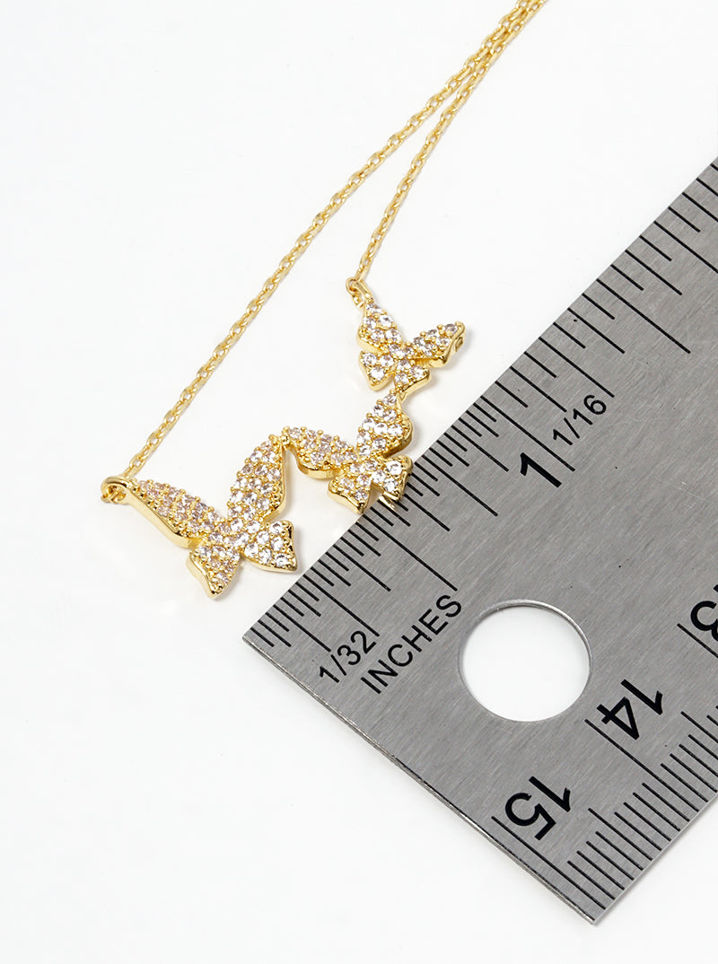 18K Gold Dipped CZ Pave Tri Butterfly Pendant Necklace