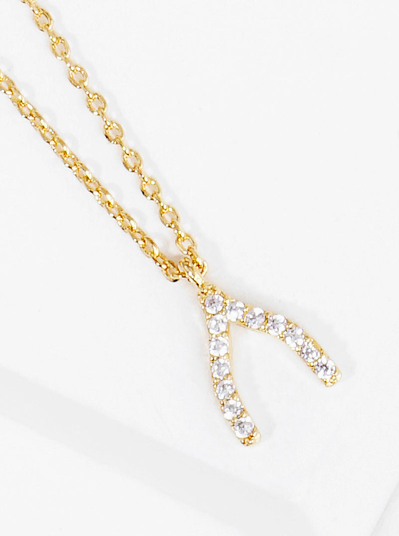18K Gold Dipped CZ Pave Wishbone Pendant Delicate Necklace