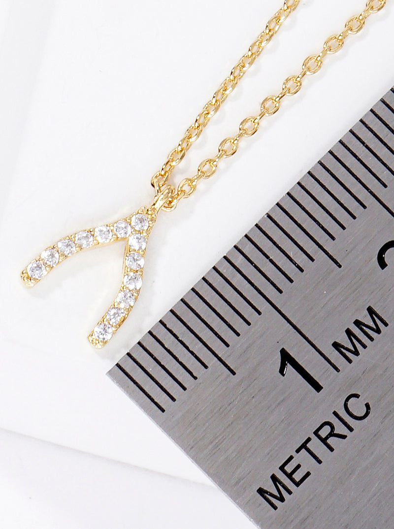 18K Gold Dipped CZ Pave Wishbone Pendant Delicate Necklace