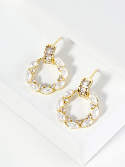 18K Gold Dipped CZ Pearl Beaded Circle Drop Post Earrings