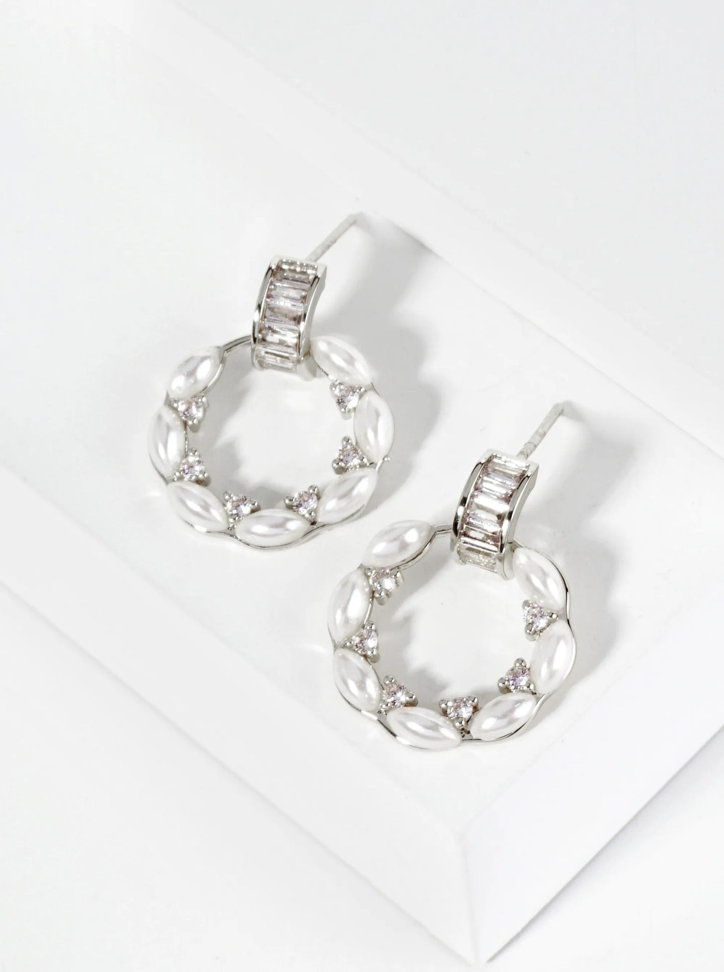 18K Gold Dipped CZ Pearl Beaded Circle Drop Post Earrings