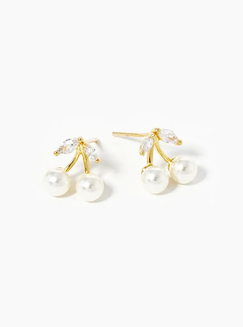 18K Gold Dipped CZ Pearl Dainty Cherry Stud Earrings