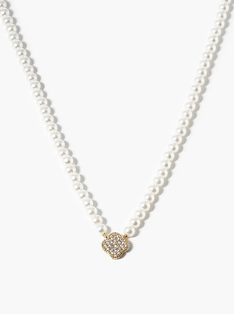 18K Gold Dipped CZ Quatrefoil Pendant Pearl Beaded Chain Necklace