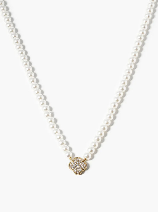 18K Gold Dipped CZ Quatrefoil Pendant Pearl Beaded Chain Necklace
