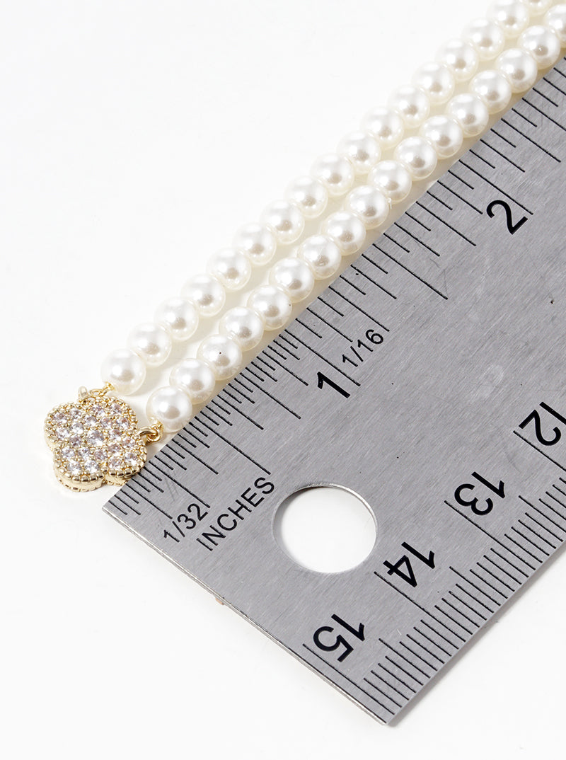 18K Gold Dipped CZ Quatrefoil Pendant Pearl Beaded Chain Necklace