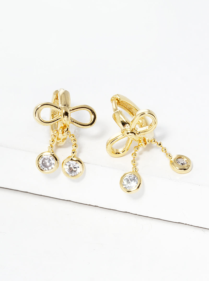 White Gold Dipped CZ Ribbon Bow Drop 8mm Huggie Hoop Earrings