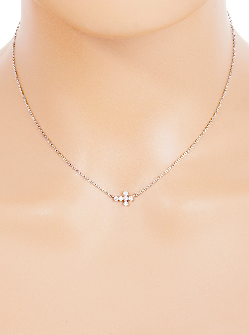 18K Gold Dipped CZ Sideways Dainty Cross Pendant Necklace