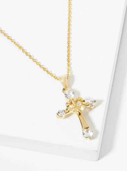 18K Gold Dipped CZ Stone Cross Pendant Necklace