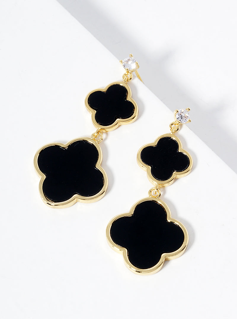 18K Gold Dipped CZ Stone Double Quatrefoil Drop Dangle Post Earrings