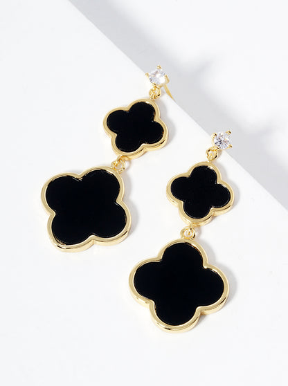 18K Gold Dipped CZ Stone Double Quatrefoil Drop Dangle Post Earrings