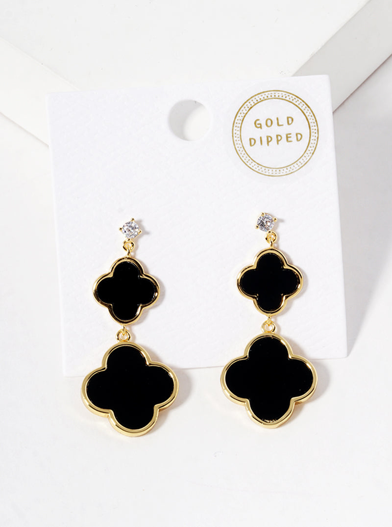 18K Gold Dipped CZ Stone Double Quatrefoil Drop Dangle Post Earrings