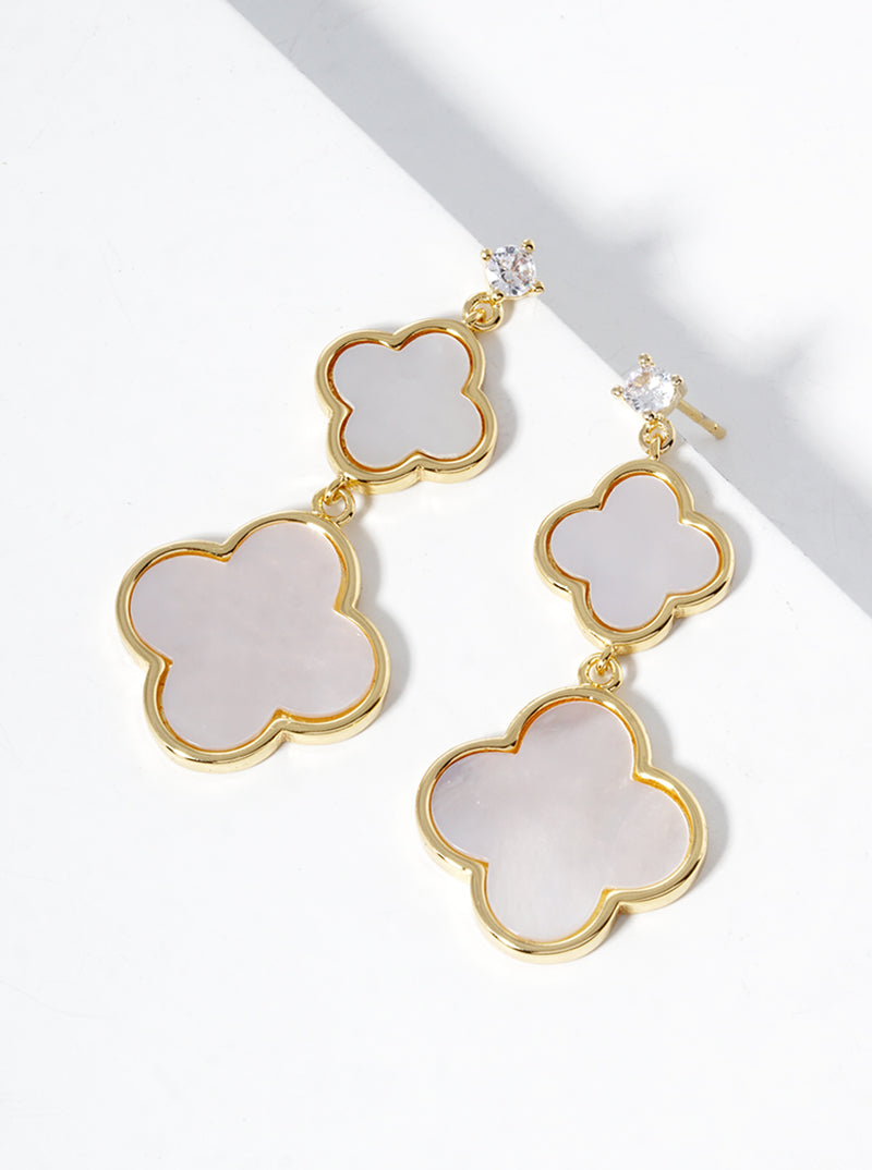 18K Gold Dipped CZ Stone Double Quatrefoil Drop Dangle Post Earrings